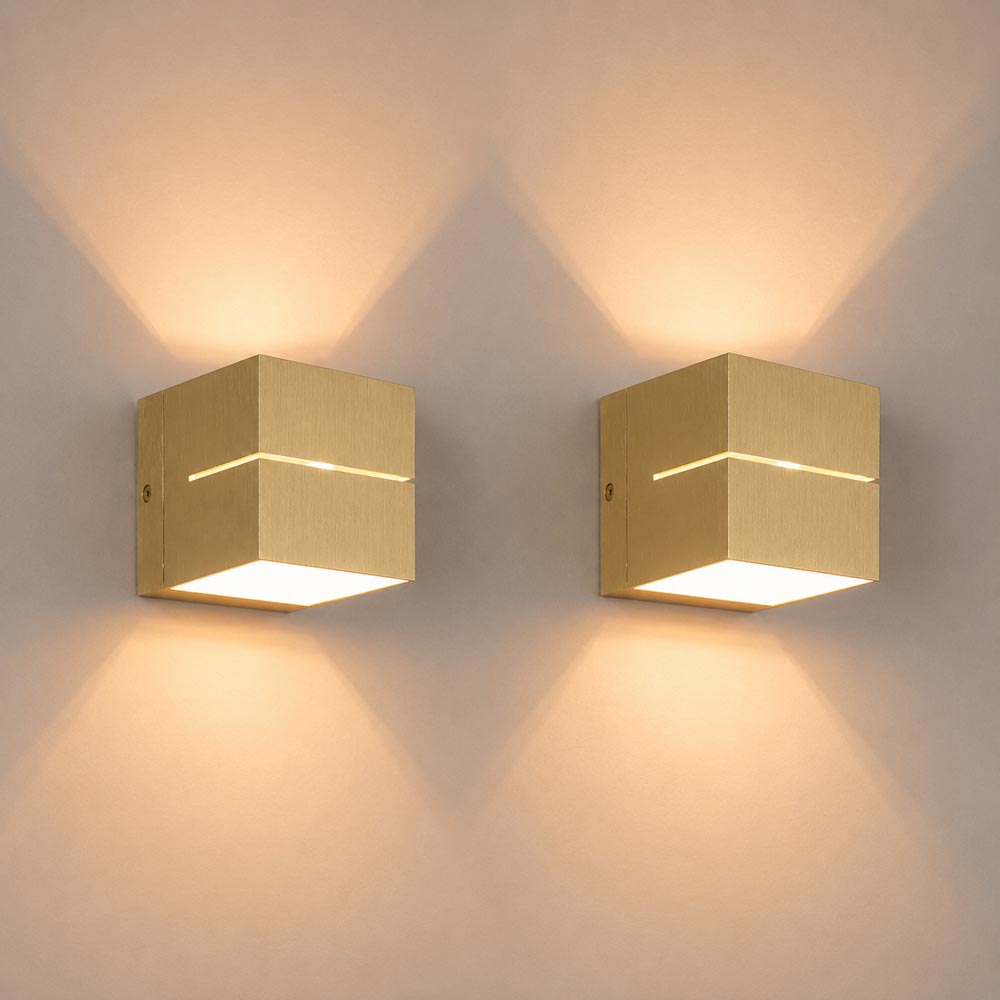 2x Gemini oro - Kubusvormige up and down wandlamp met een geborstelde gouden coating