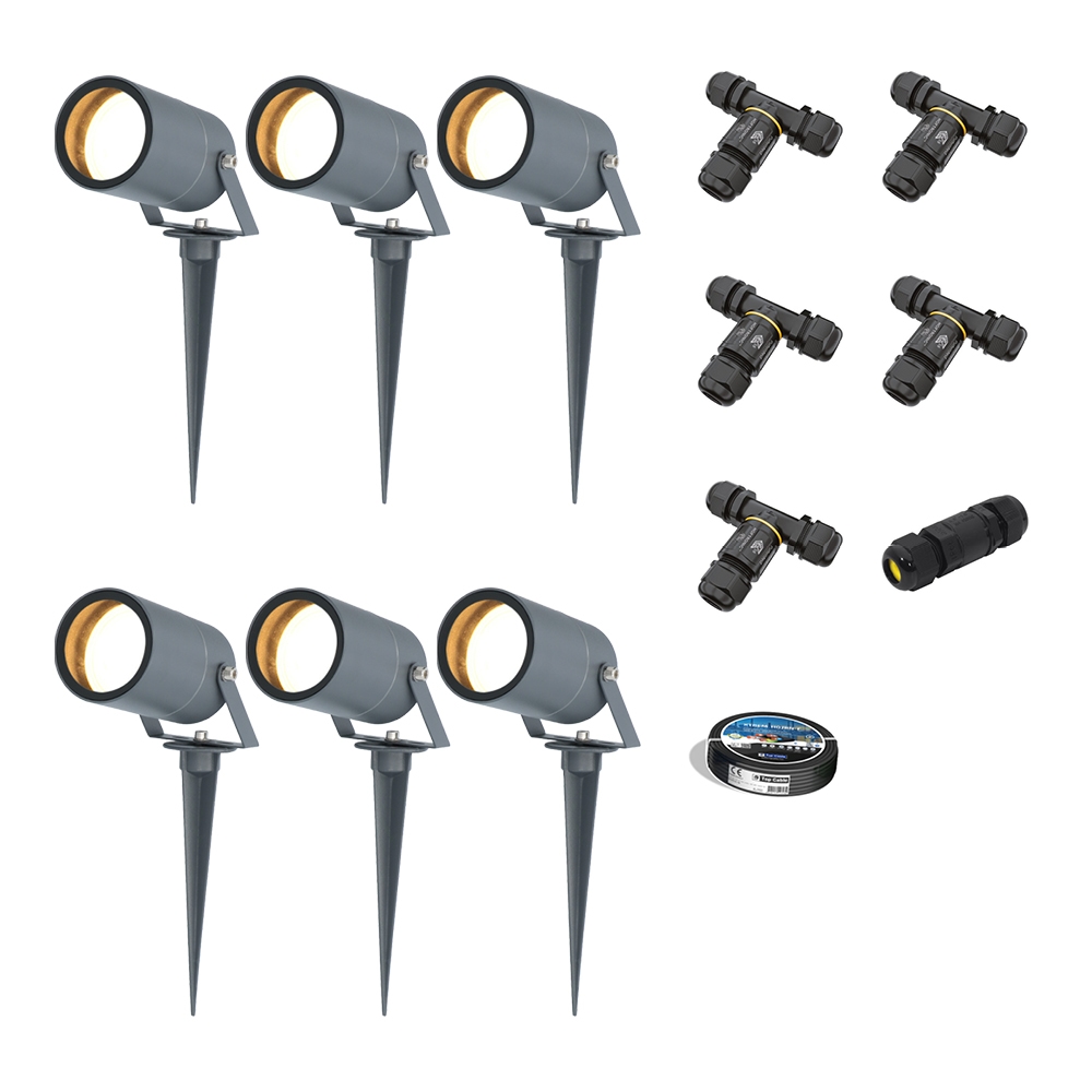 6x Spikey LED Prikspots - 4W 345lm - Kantelbaar - Dimbaar GU10 2700K - IP65 - Antraciet - Inclusief installatiemateriaal (Kabel & connector)