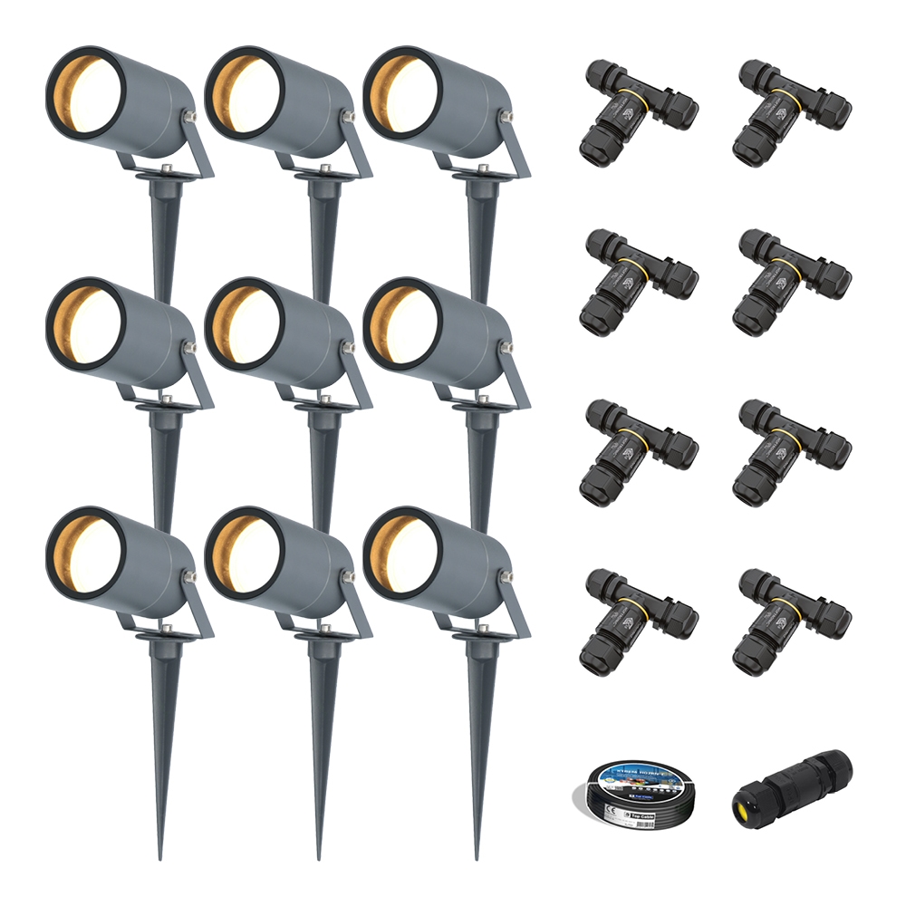 9x Spikey LED Prikspots - 4W 345lm - Kantelbaar - Dimbaar - GU10 2700K - IP65 - Antraciet - Inclusief installatiemateriaal (Kabel & connector)