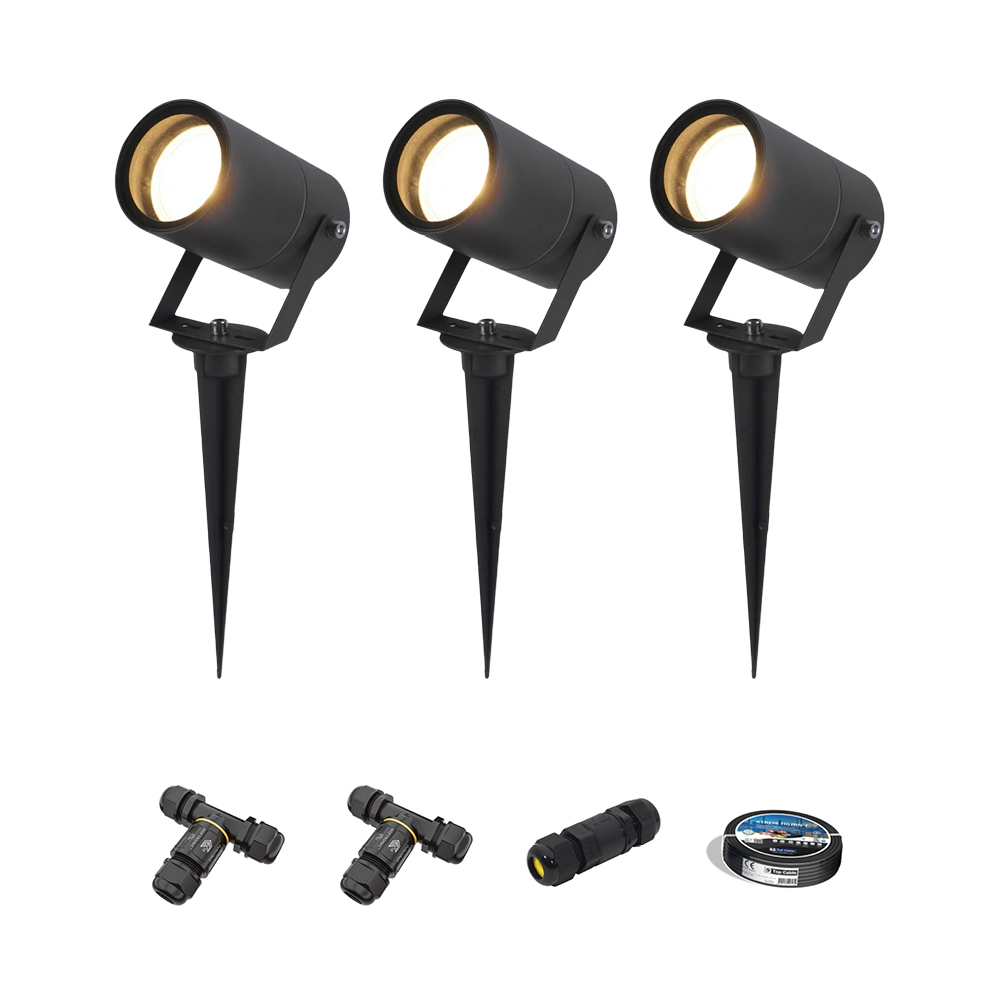 3x Spikey LED Prikspots - 4W 345lm - Kantelbaar - Dimbaar - GU10 2700K - IP65 - Zwart - Inclusief installatiemateriaal (Kabel & connector)