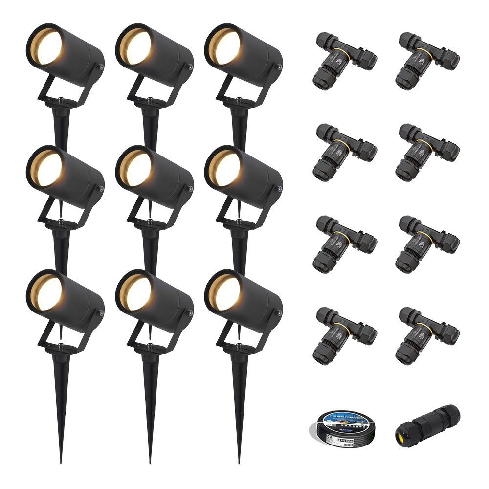 9x Spikey LED Prikspots - 4W 345lm - Kantelbaar - Dimbaar - GU10 2700K - IP65 - Zwart - Inclusief installatiemateriaal (Kabel & connector)