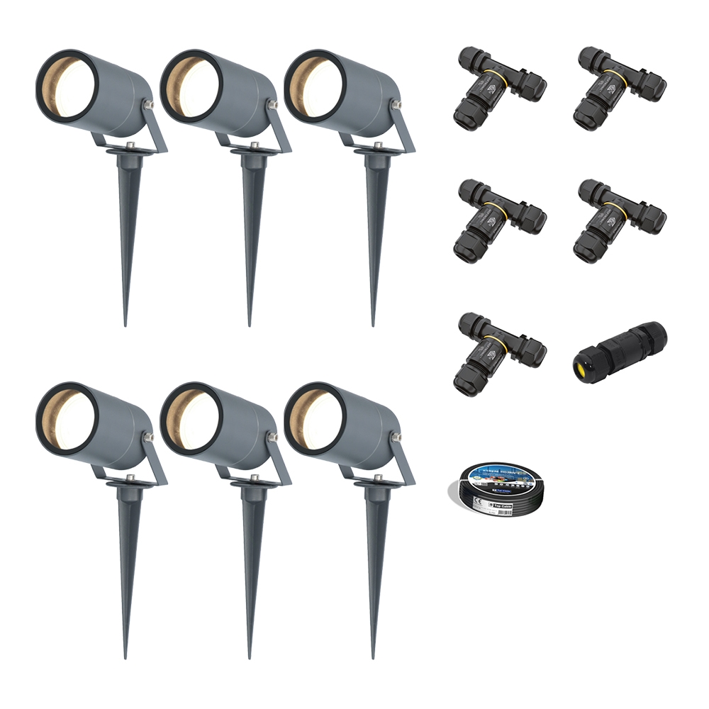 6x Spikey LED Prikspots - 4W 345lm - Kantelbaar - GU10 4000K - IP65 - Antraciet - Inclusief installatiemateriaal (Kabel & connector)