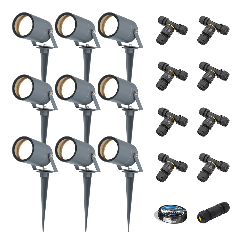 9x Spikey LED Prikspots - 4W 345lm - Kantelbaar - GU10 4000K - IP65 - Antraciet - Inclusief installatiemateriaal (Kabel & connector)