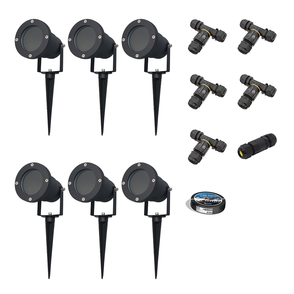 Sydney - 6x Trädgårdsspotlight XL - Aluminium - Svart - IP65 - GU10 spotlight - 20W - Med installationsmaterial (Kabel & kontakt)