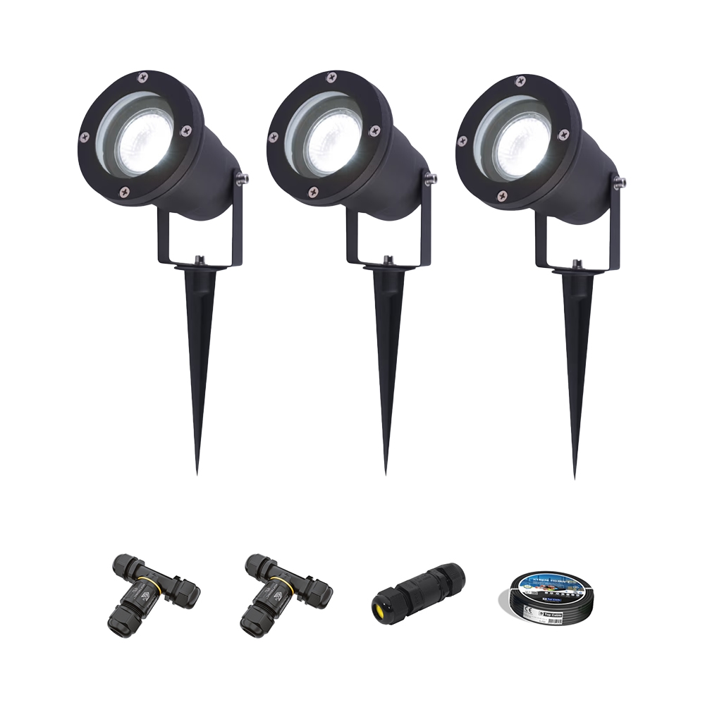 3x Sydney LED Trädgårdsspotlight - 4W 345lm - Svängbar - Dimbar - 6500K - IP65 - Med installationsmaterial (Kabel & kontakt)