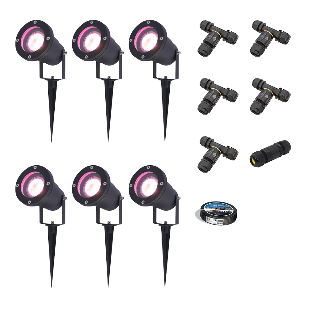 6x Sydney Smart Garden Spike Lights - Wifi + Ble - 5.5W 345lm - IP65 - Black - With installation material (Cable&connector)