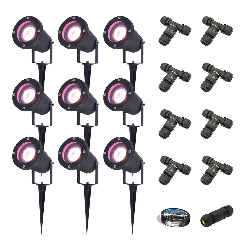 9x Sydney Smart Garden Spike Lights - Wifi + Ble - 5.5W 345lm - IP65 - Black - With installation material (Cable&connector)