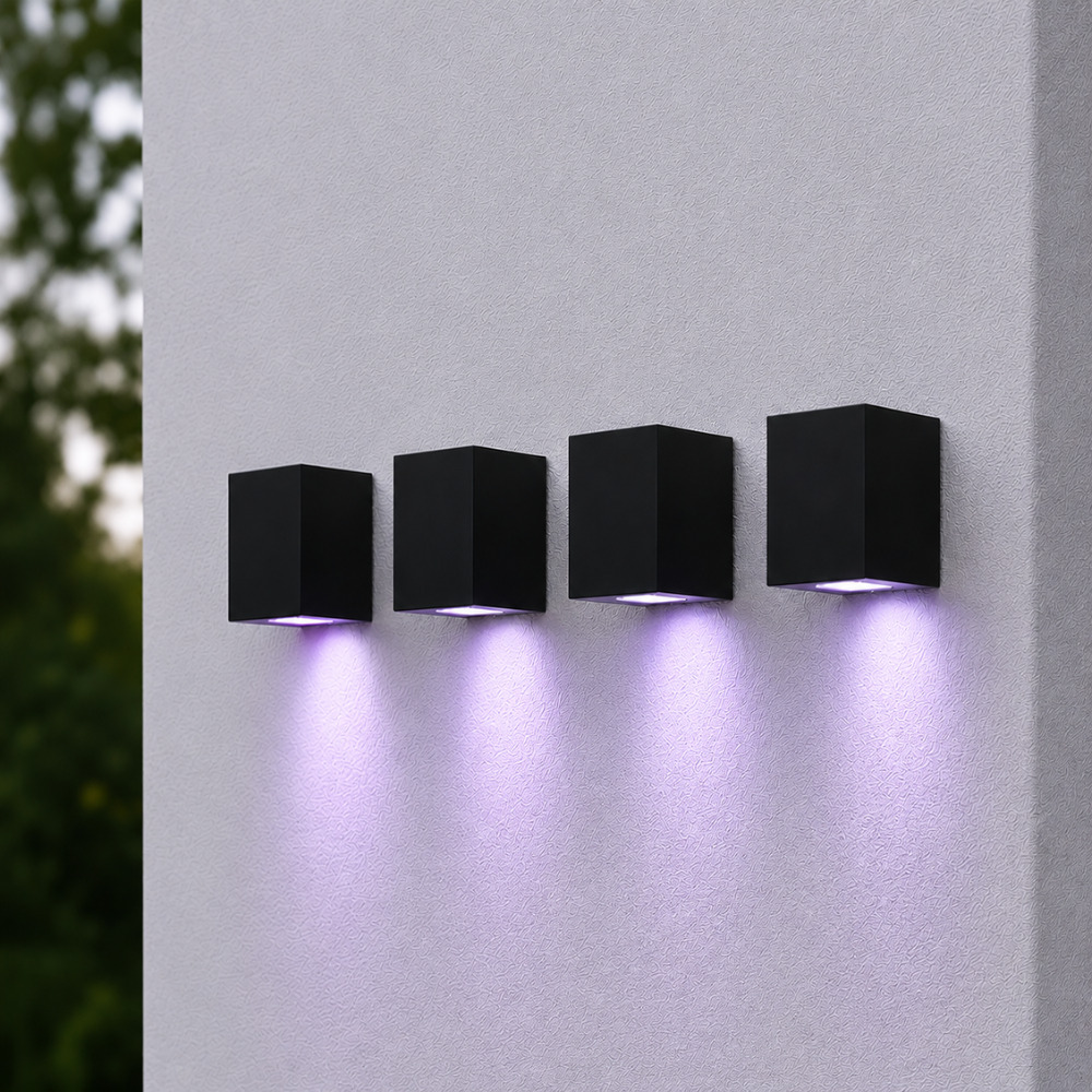Set van 4 Marion - LED Wandlamp Cube - Dimbaar via App - GU10 5,5 Watt 400 Lumen - RGBWW - IP44 - Zwart - Polycarbonaat