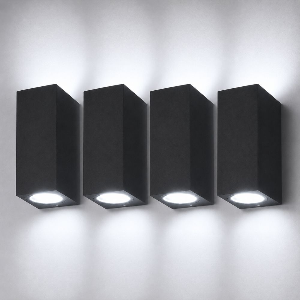 Set van 4 Selma LED Wandlampen - Up & Down - Dimbaar - GU10 4 Watt 345 Lumen - 6500K Daglicht Wit - IP44 - Zwart - Polycarbonaat