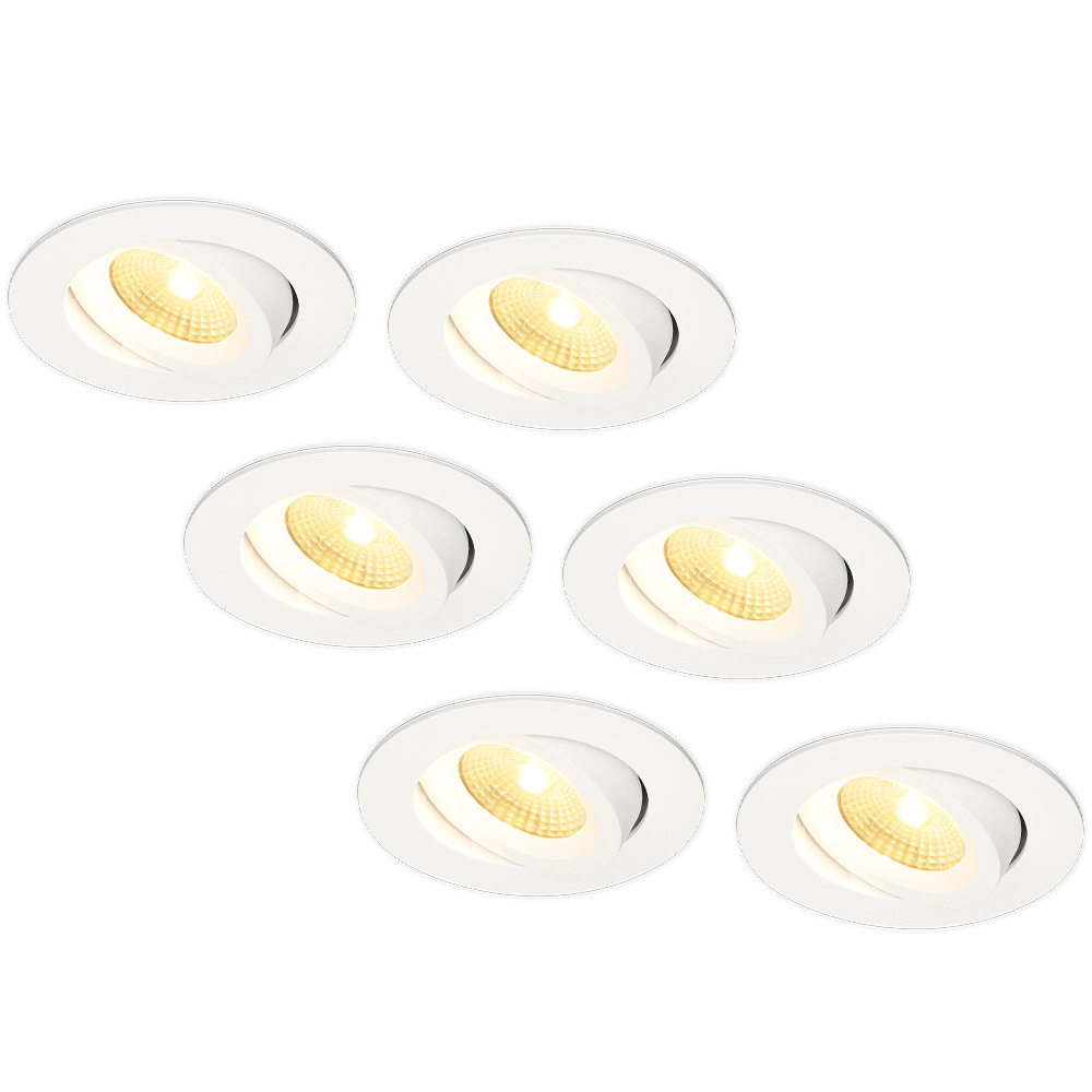 6x Salerno LED indbygningsspots - 8W 650lm - 2700K - Vipbar - Dæmpbar - IP44 - Hvid