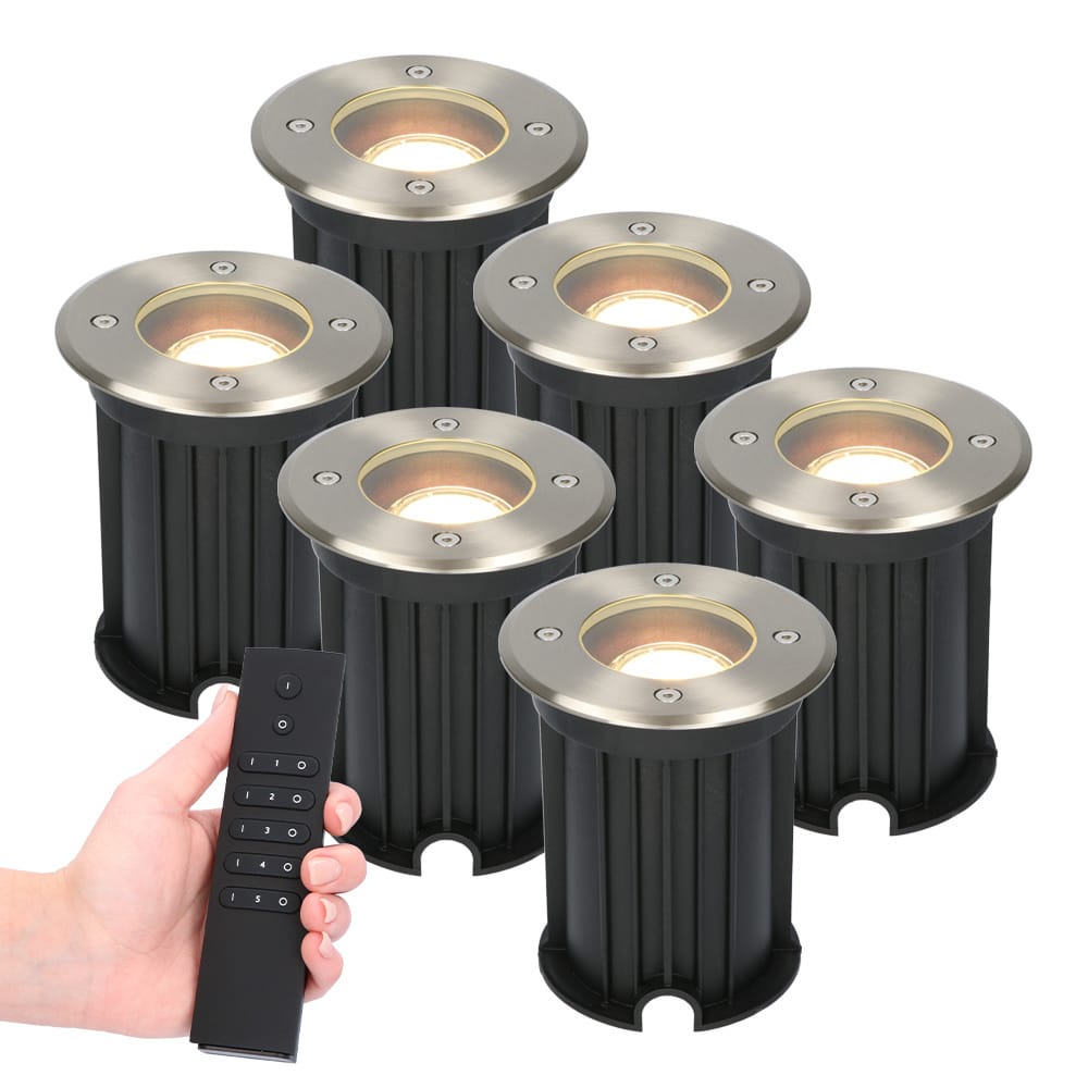 HOFTRONIC™ Set van 6 dimbare LED grondspot Maisy - rond - RVS - 5W - 2700K - IP65 - Incl. dimmer met afstandsbediening
