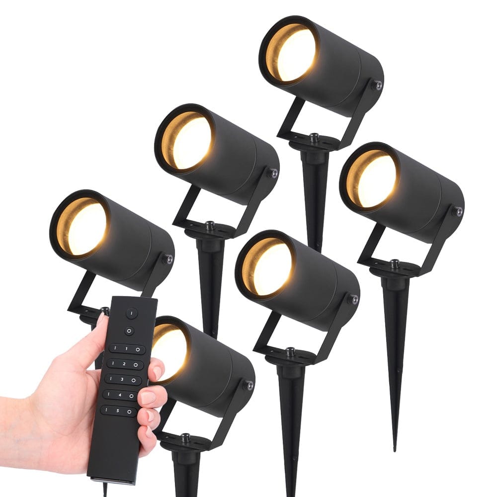 HOFTRONIC™ Set van 6 LED Prikspots Spikey - 5 Watt - 400lm - 2700K - zwart - IP65 waterdicht - Incl. dimmer met afstandsbediening