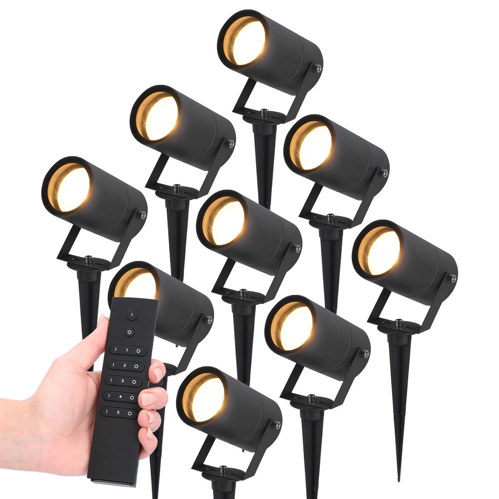 9x LED Gartenstrahlern Spikey - 2700K - schwarz - IP65 - Inkl. Dimmerset