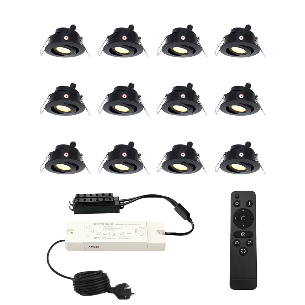 12x Sienna 12V inbouwspots - 3W 200lm 2700K - IP44 - kantelbaar - afstandsbediening