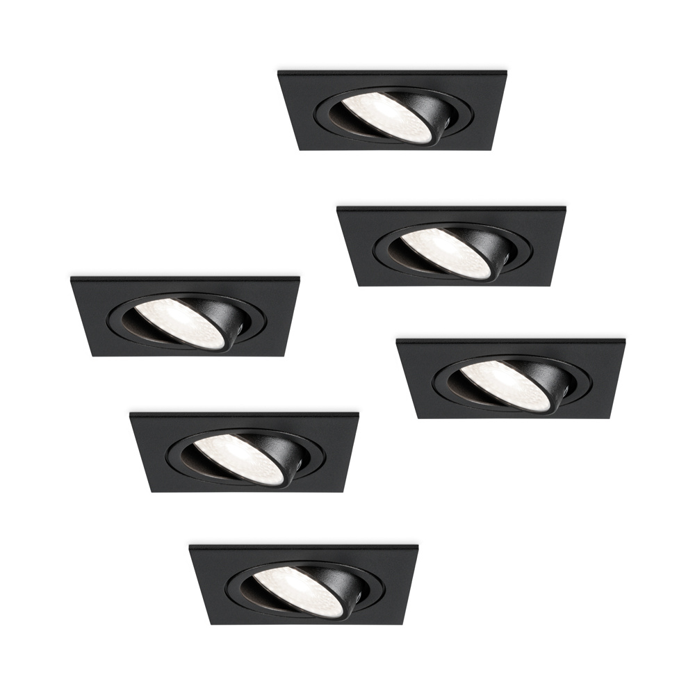 6x Mallorca LED infällda spotlights Fyrkant - 4W 345lm - 6500K - Svängbar - Svart
