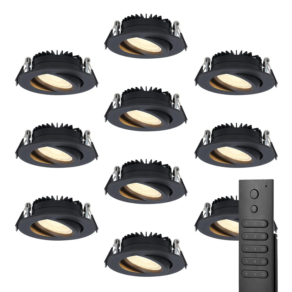 HOFTRONIC™ Set van 10 dimbare LED inbouwspots Rome - Zwart - 6 Watt - Kantelbaar - 2700K warm wit - IP44 - Inclusief afstandsbediening - Geringe inbouwdiepte