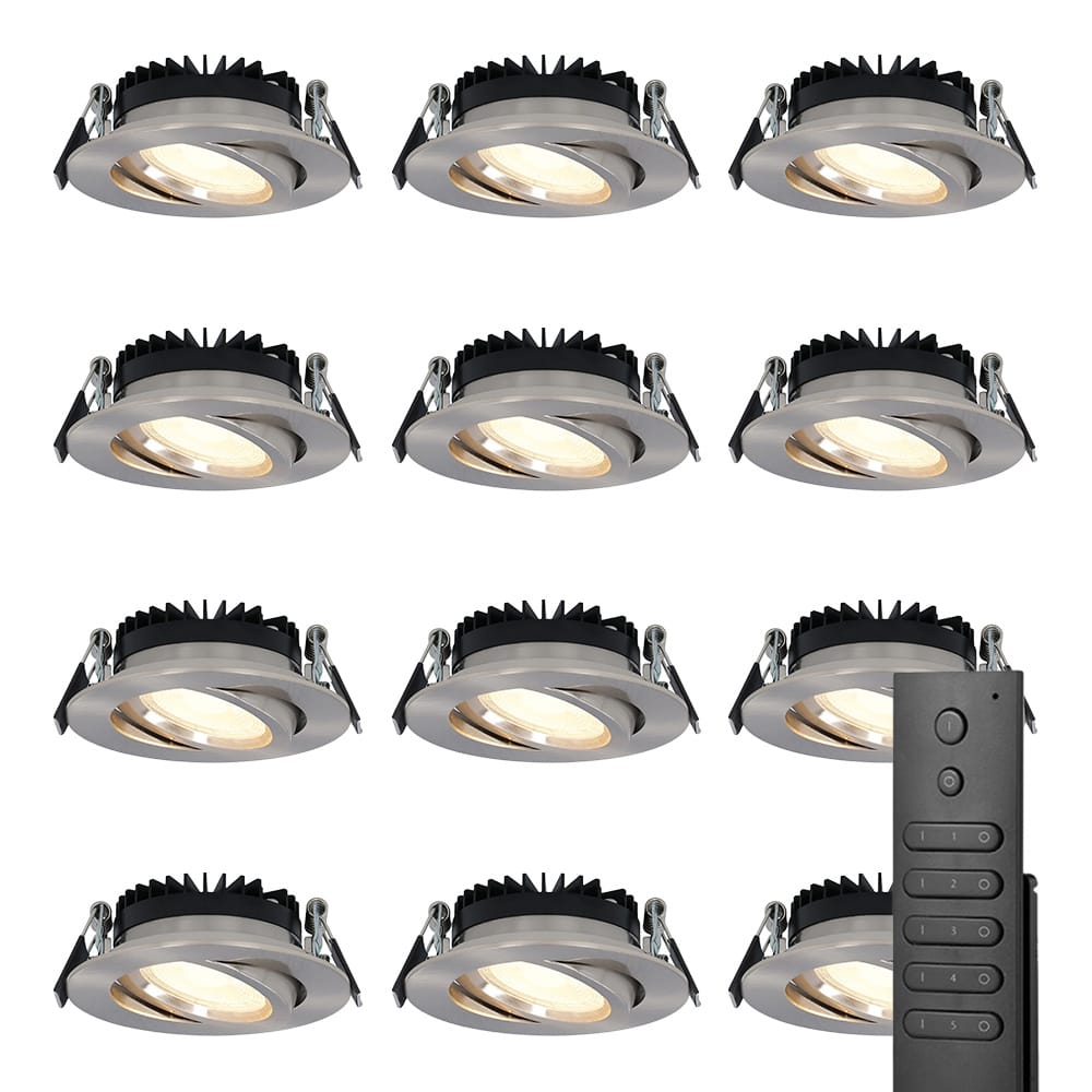 HOFTRONIC™ Set van 12 dimbare LED inbouwspots Rome - RVS - 6 Watt - Kantelbaar - 2700K warm wit - IP44 - Inclusief afstandsbediening - Geringe inbouwdiepte