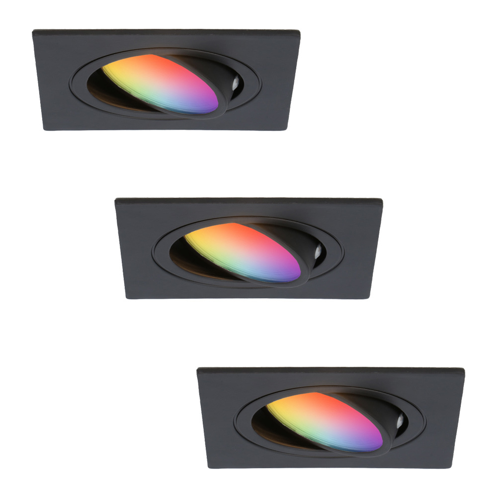 3x Mallorca Smart Inbouwspots Vierkant - Wifi + Ble - 5,5W 345lm - RGBWW - Zwart