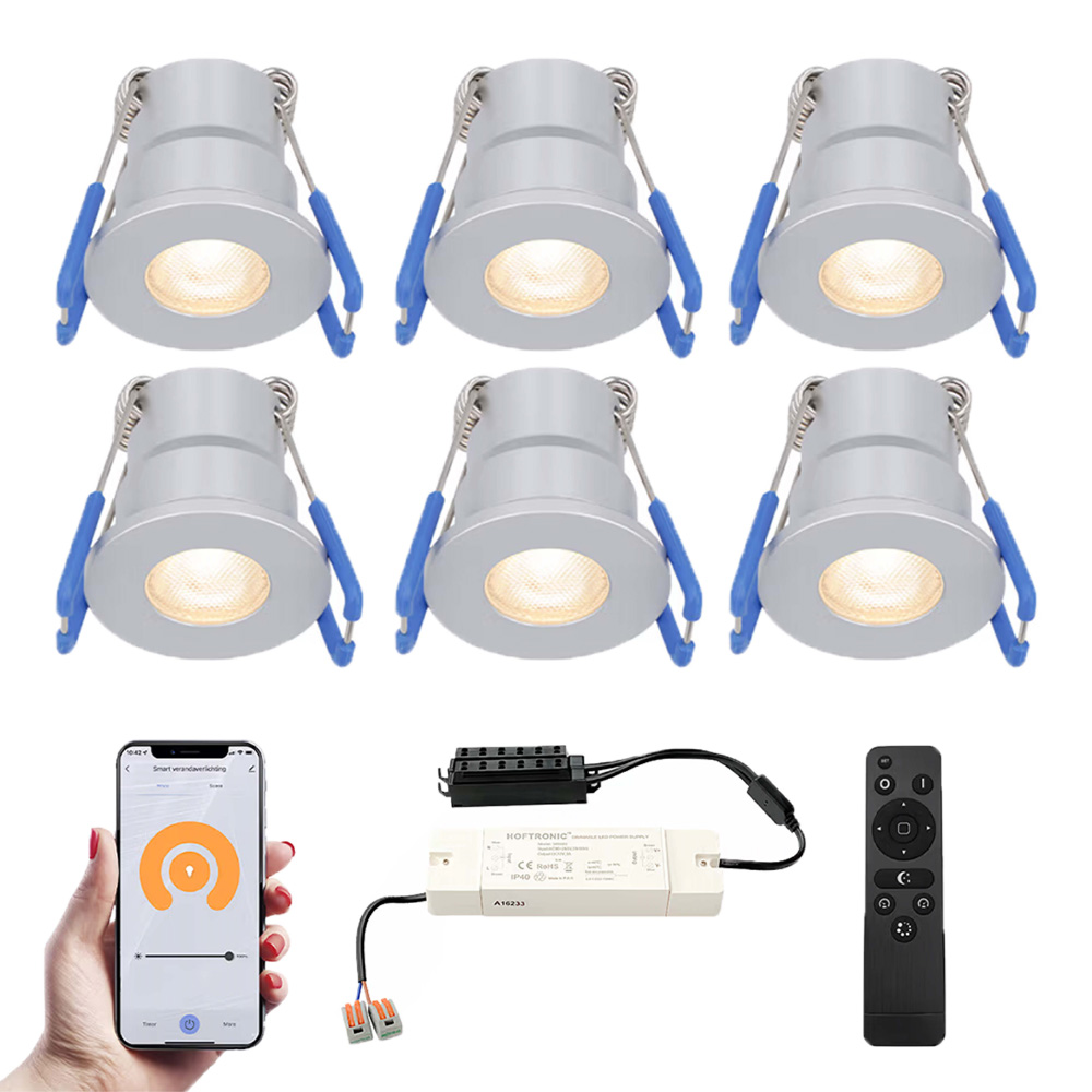 6x Milano Smart Mini LED Inbouwspots met trafo - 12V 3W 200lm - 2700K - IP65 - RVS