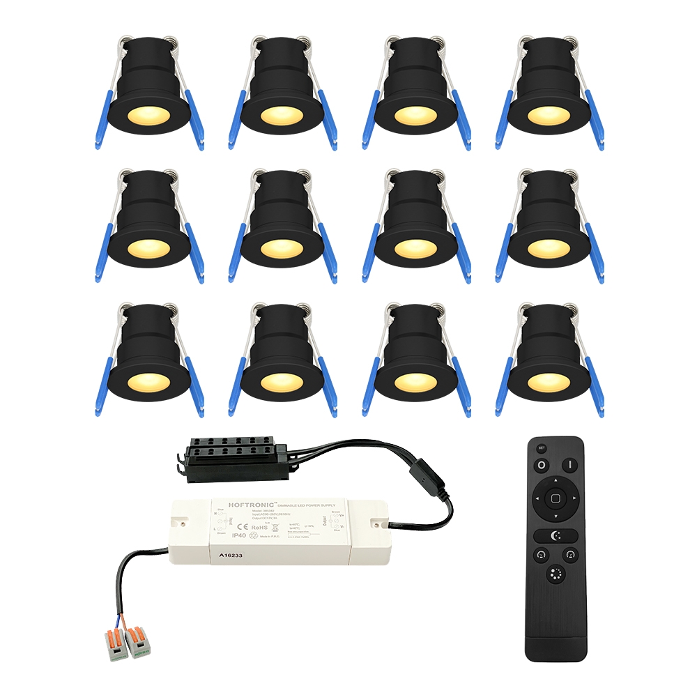 12er Set 12V 3W - LED Einbaustrahler - Schwarz - Dimmbar - Versenkt - IP65 - 2700K