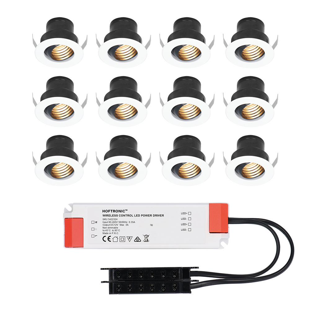 12x Medina 12V LED Mini Spots - 3W 150lm - Vipbar - 2700K - IP44- Blændfri - Hvid