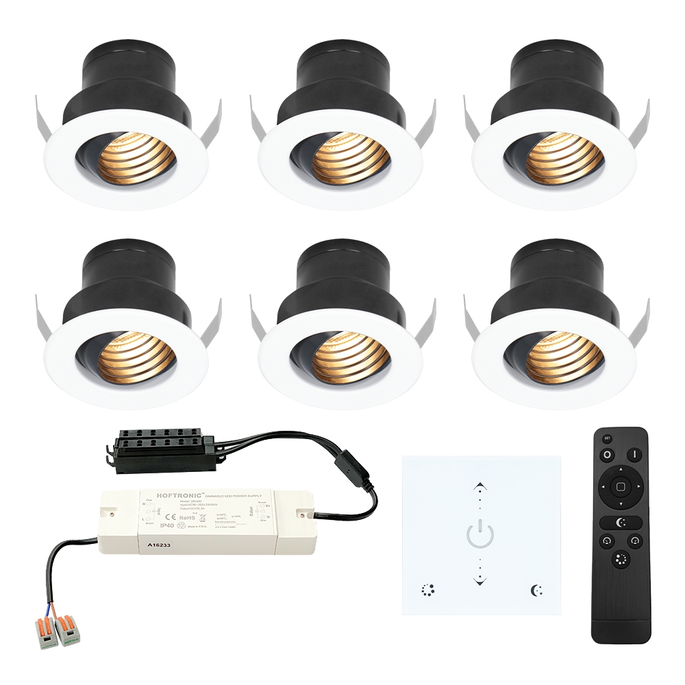 6x Medina 12V LED Mini Spots - vægdæmper - 3W 150lm - Vipbar - 2700K - IP44 - Hvid